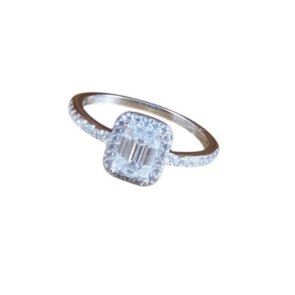 Moissanite Emerald Cut Halo Ring Size 8 Silver NEW 1.0ct D Color AR7041
